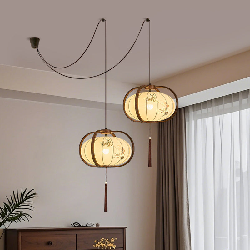 Traditionelle chinesische geometrische Laterne Eisen Stoff 2-Licht Kronleuchter für Wohnzimmer &amp; Esszimmer 