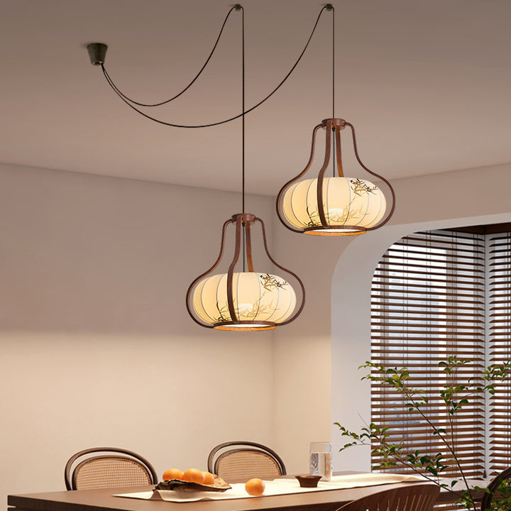 Traditional Chinese Geometric Lantern Iron Fabric 2-Light Chandelier For Living Room & Dining Room