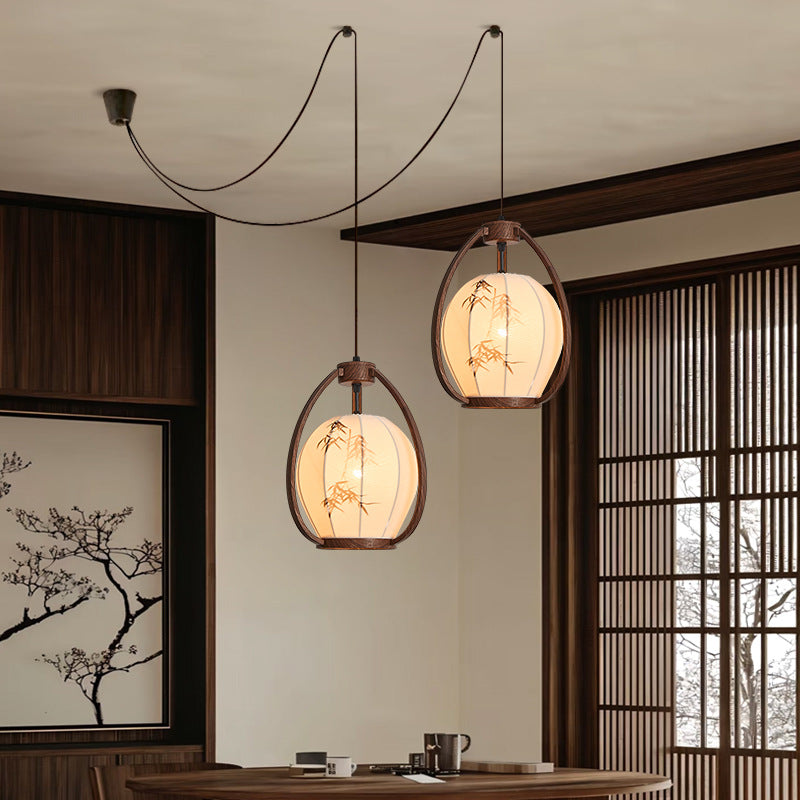 Traditionelle chinesische geometrische Laterne Eisen Stoff 2-Licht Kronleuchter für Wohnzimmer &amp; Esszimmer 