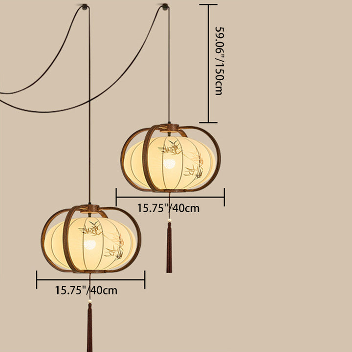 Traditional Chinese Geometric Lantern Iron Fabric 2-Light Chandelier For Living Room & Dining Room