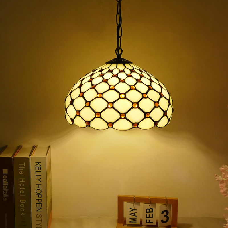 Traditional Tiffany Iron Glass Semi-Circular Arc 1-Light Pendant Light For Living Room