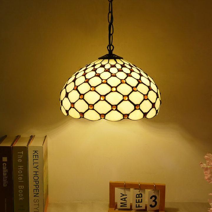 Traditional Tiffany Iron Glass Semi-Circular Arc 1-Light Pendant Light For Living Room