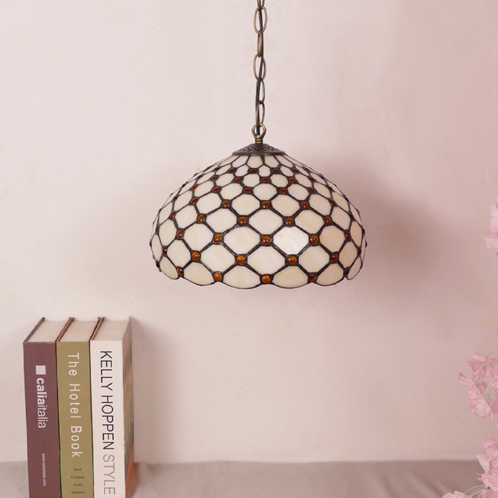 Traditional Tiffany Iron Glass Semi-Circular Arc 1-Light Pendant Light For Living Room
