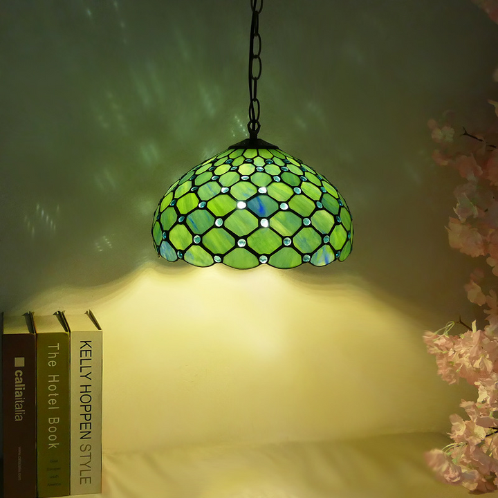 Traditional Tiffany Iron Glass Semi-Circular Arc 1-Light Pendant Light For Living Room