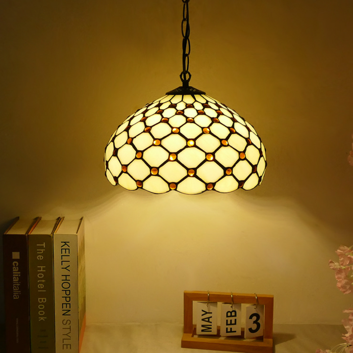 Traditional Tiffany Iron Glass Semi-Circular Arc 1-Light Pendant Light For Living Room