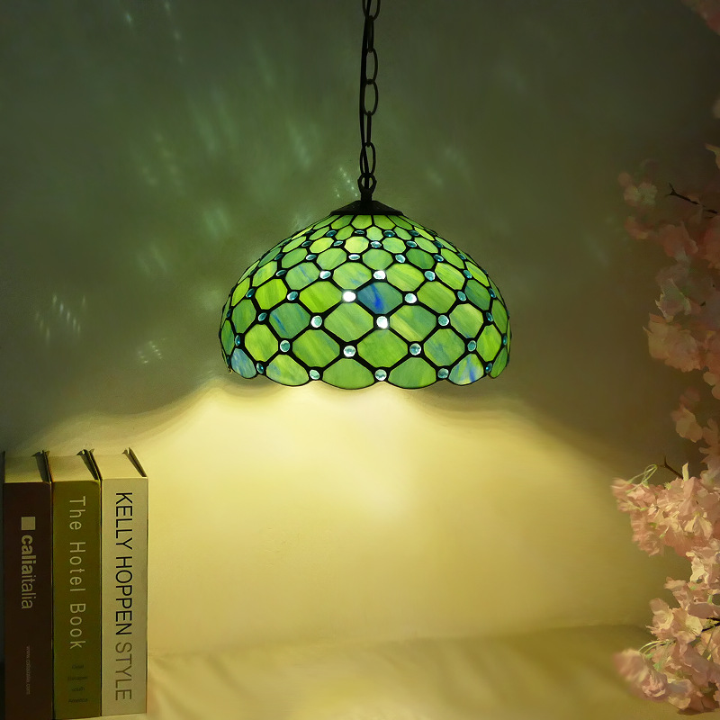 Traditional Tiffany Iron Glass Semi-Circular Arc 1-Light Pendant Light For Living Room