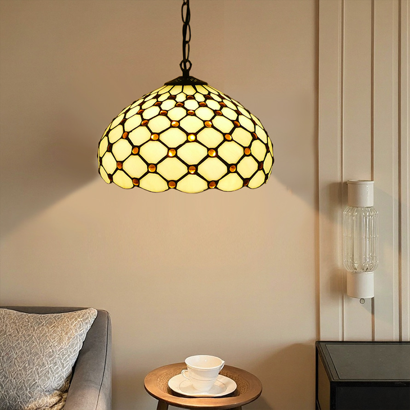 Traditional Tiffany Iron Glass Semi-Circular Arc 1-Light Pendant Light For Living Room