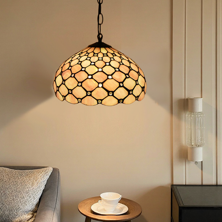 Traditional Tiffany Iron Glass Semi-Circular Arc 1-Light Pendant Light For Living Room