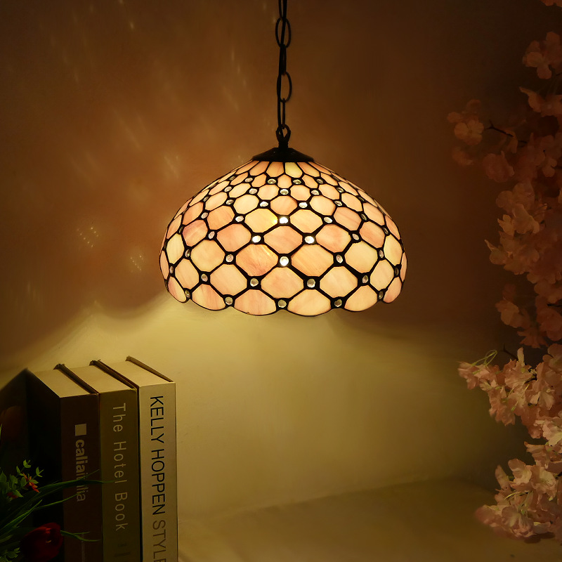 Traditional Tiffany Iron Glass Semi-Circular Arc 1-Light Pendant Light For Living Room