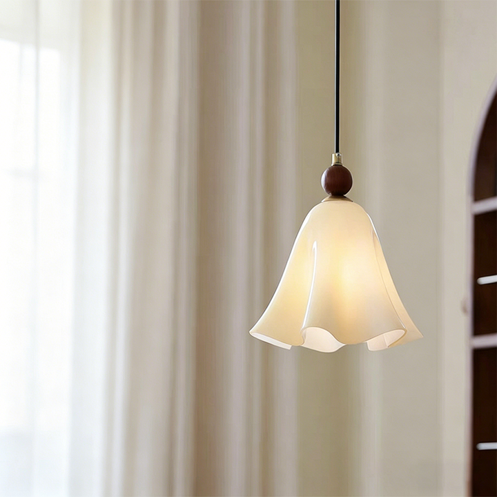 Traditional French Iron Solid Wood Glass Morning Glory Flower 1-Light Pendant Light For Living Room & Dining Room
