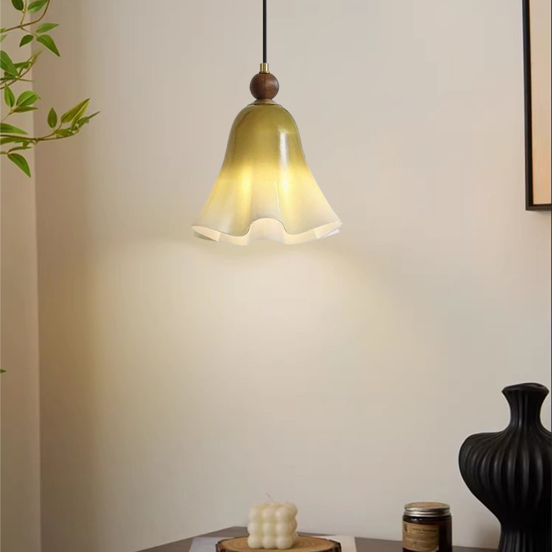 Traditional French Iron Solid Wood Glass Morning Glory Flower 1-Light Pendant Light For Living Room &amp; Dining Room