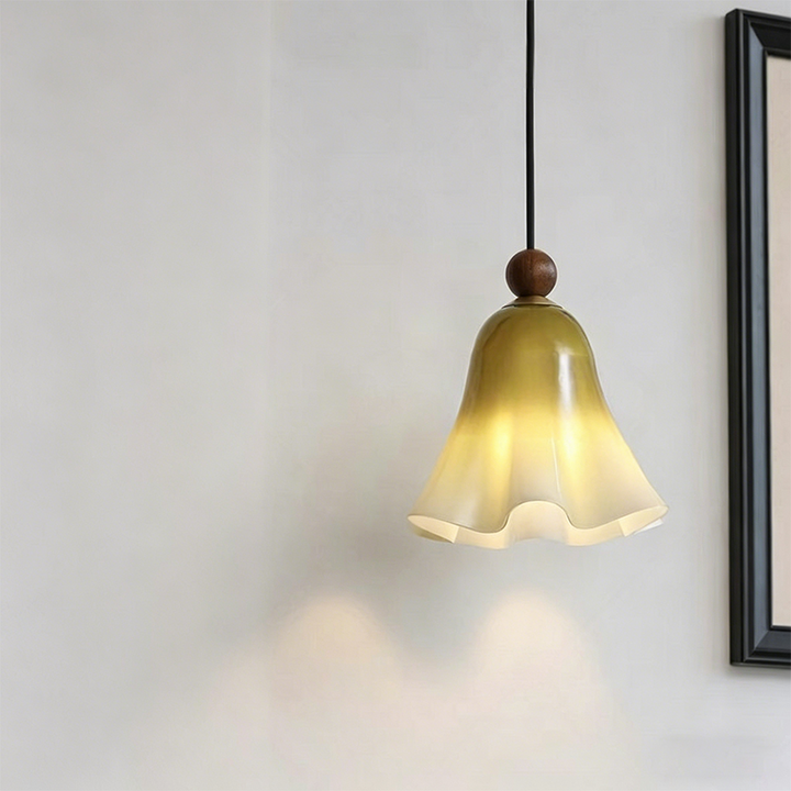 Traditional French Iron Solid Wood Glass Morning Glory Flower 1-Light Pendant Light For Living Room & Dining Room