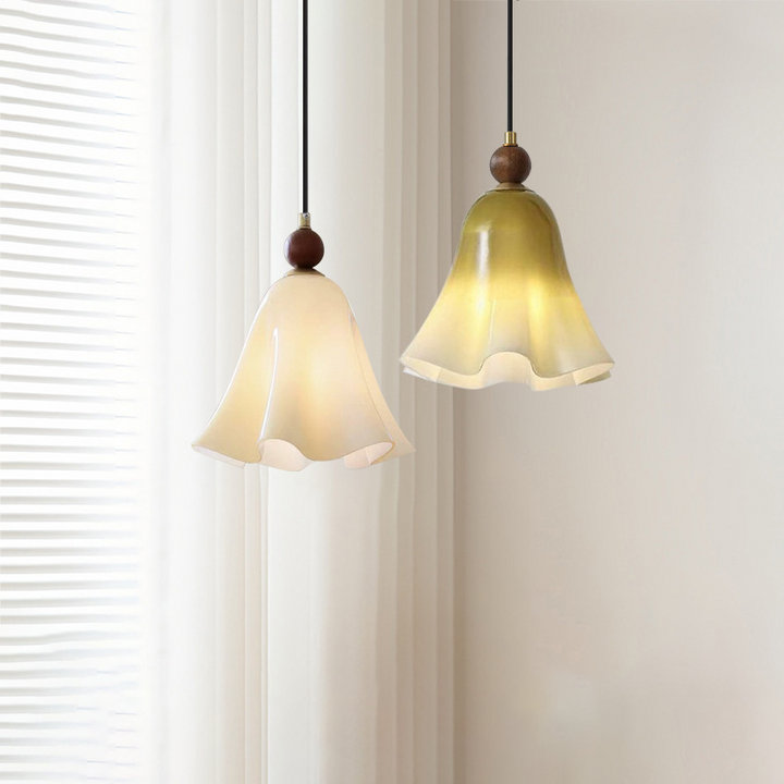 Traditional French Iron Solid Wood Glass Morning Glory Flower 1-Light Pendant Light For Living Room & Dining Room