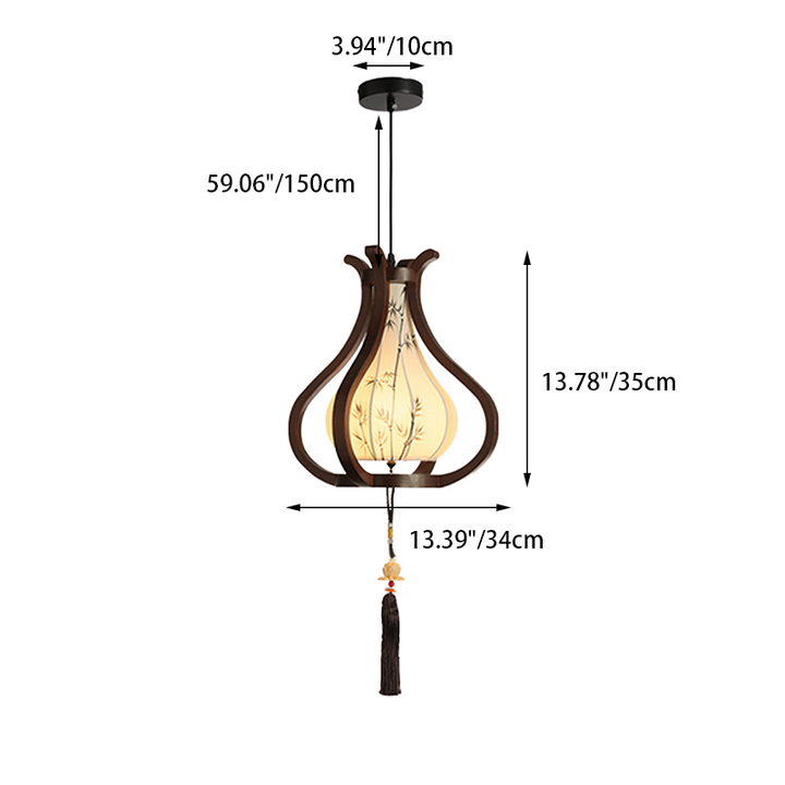 Traditional Chinese Oak Wood Hardware Fabric Pear-Shaped 1-Light Pendant Light For Living Room &amp; Dining Room