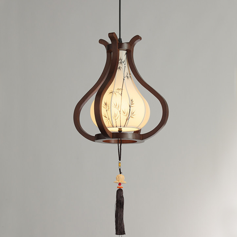 Traditional Chinese Oak Wood Hardware Fabric Pear-Shaped 1-Light Pendant Light For Living Room &amp; Dining Room
