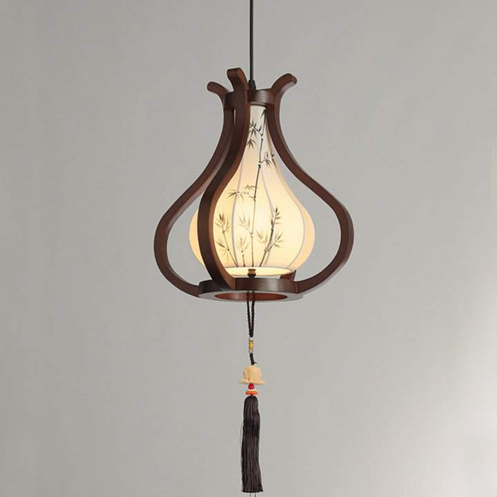 Traditional Chinese Oak Wood Hardware Fabric Pear-Shaped 1-Light Pendant Light For Living Room &amp; Dining Room