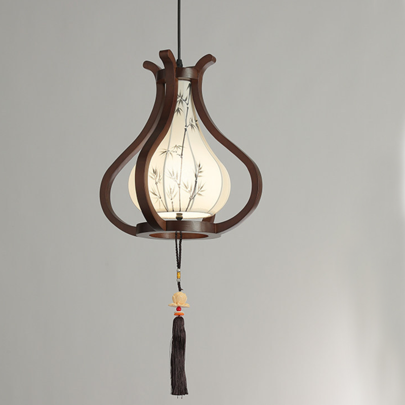 Traditional Chinese Oak Wood Hardware Fabric Pear-Shaped 1-Light Pendant Light For Living Room &amp; Dining Room