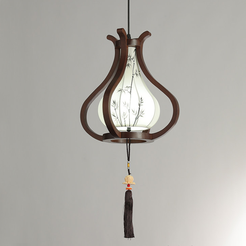 Traditional Chinese Oak Wood Hardware Fabric Pear-Shaped 1-Light Pendant Light For Living Room &amp; Dining Room