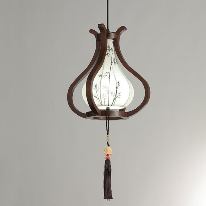 Traditional Chinese Oak Wood Hardware Fabric Pear-Shaped 1-Light Pendant Light For Living Room &amp; Dining Room