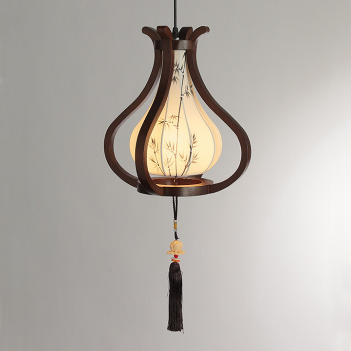 Traditional Chinese Oak Wood Hardware Fabric Pear-Shaped 1-Light Pendant Light For Living Room &amp; Dining Room