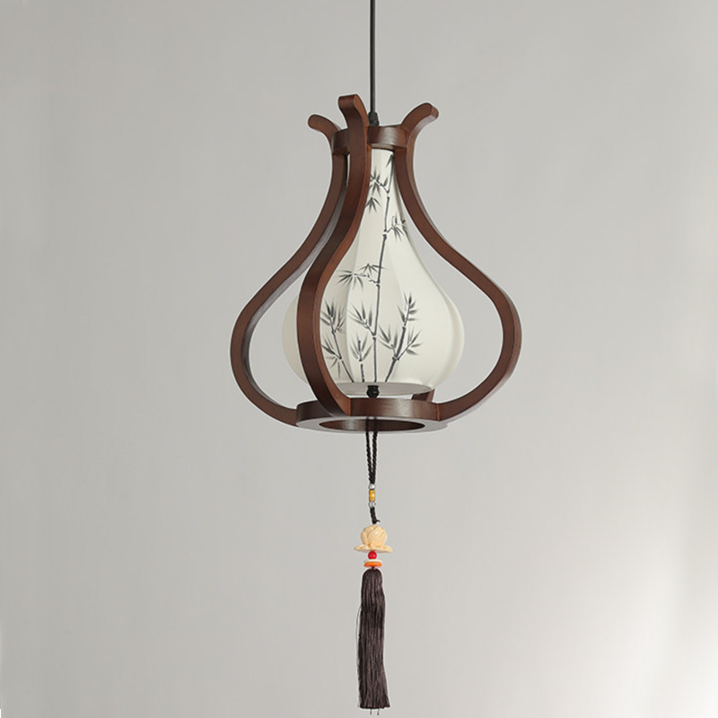 Traditional Chinese Oak Wood Hardware Fabric Pear-Shaped 1-Light Pendant Light For Living Room &amp; Dining Room