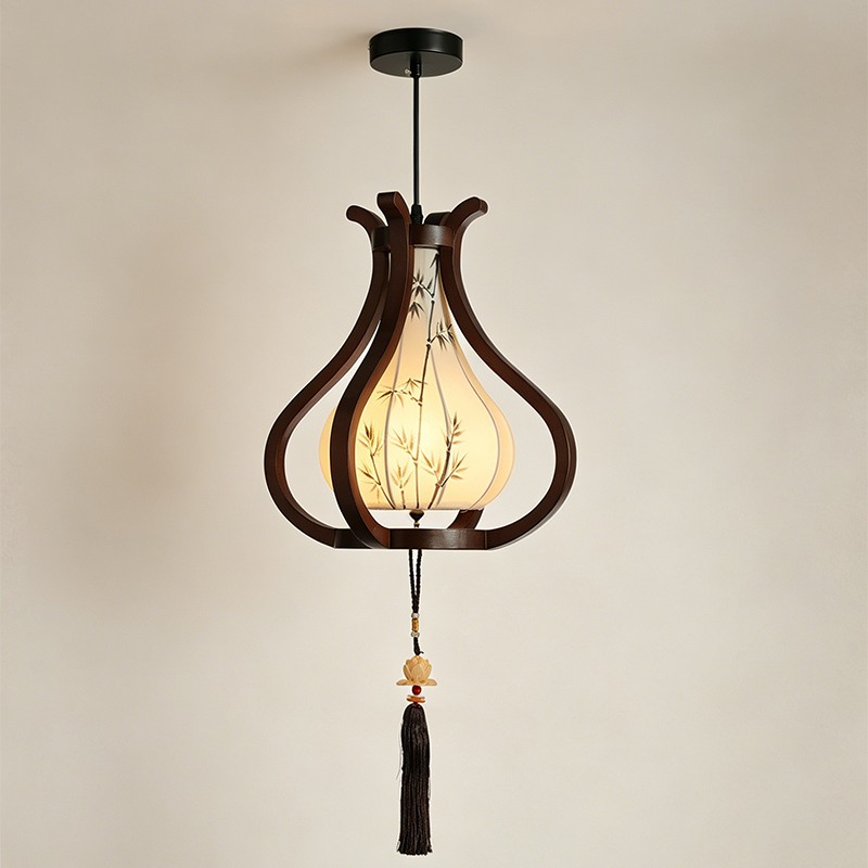 Traditional Chinese Oak Wood Hardware Fabric Pear-Shaped 1-Light Pendant Light For Living Room &amp; Dining Room