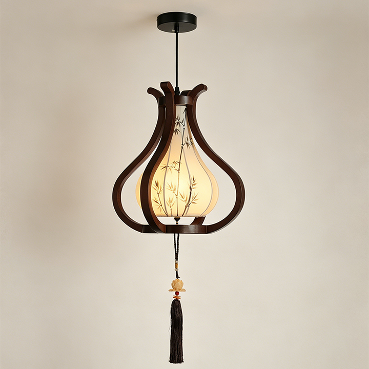 Traditional Chinese Oak Wood Hardware Fabric Pear-Shaped 1-Light Pendant Light For Living Room &amp; Dining Room