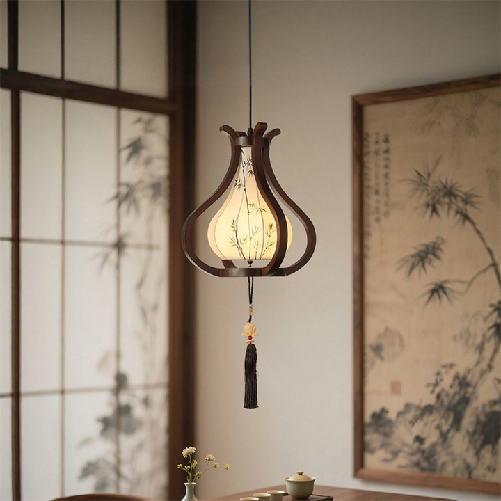 Traditional Chinese Oak Wood Hardware Fabric Pear-Shaped 1-Light Pendant Light For Living Room &amp; Dining Room