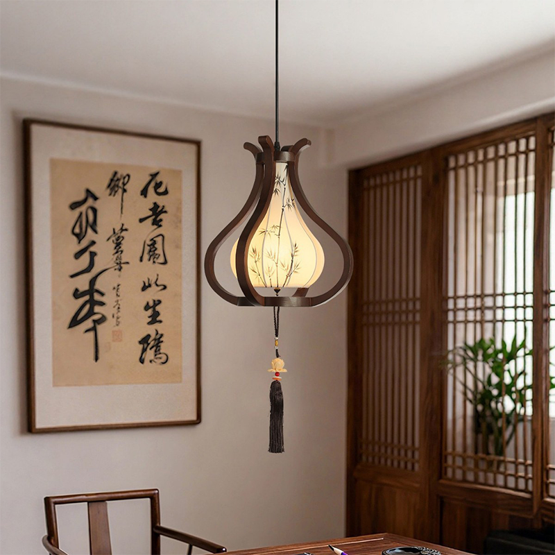 Traditional Chinese Oak Wood Hardware Fabric Pear-Shaped 1-Light Pendant Light For Living Room &amp; Dining Room