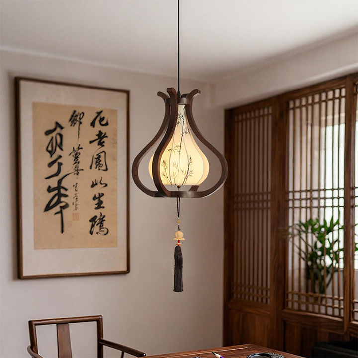 Traditional Chinese Oak Wood Hardware Fabric Pear-Shaped 1-Light Pendant Light For Living Room &amp; Dining Room