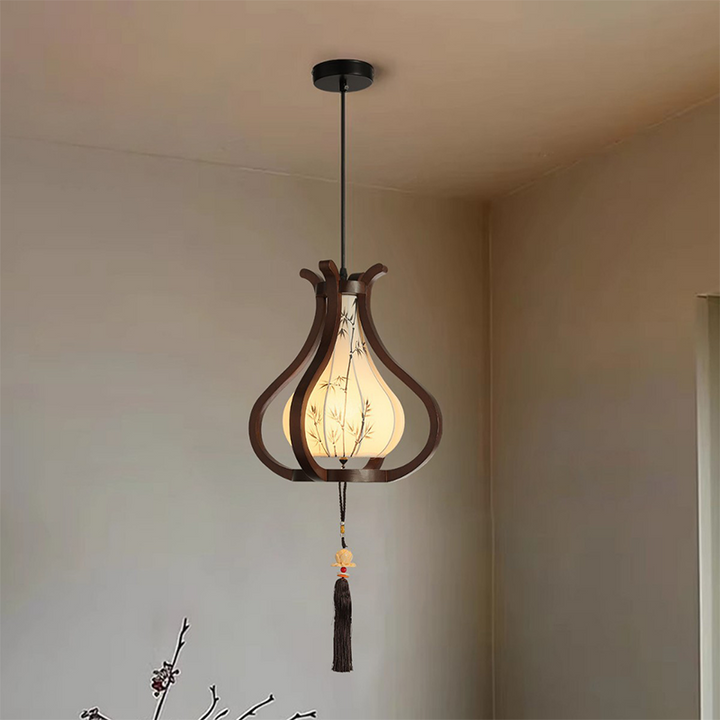 Traditional Chinese Oak Wood Hardware Fabric Pear-Shaped 1-Light Pendant Light For Living Room &amp; Dining Room