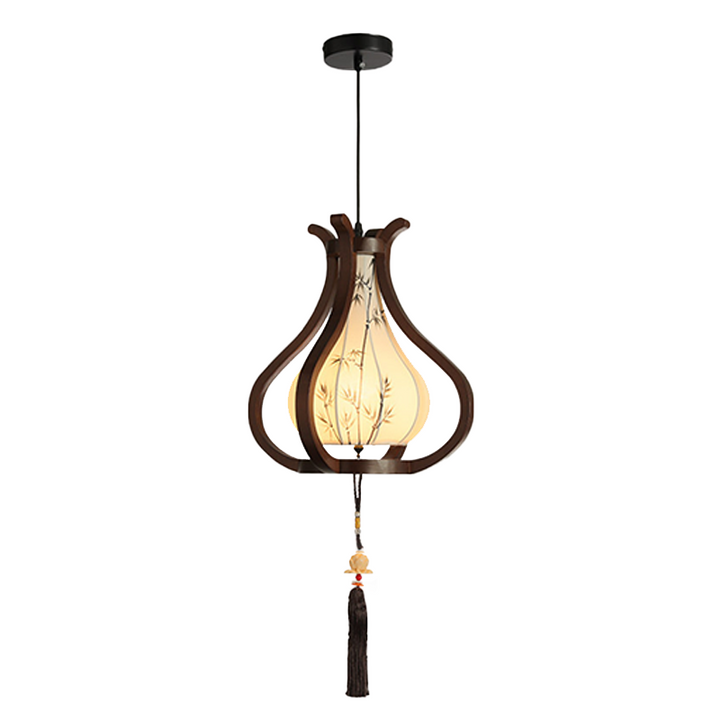 Traditional Chinese Oak Wood Hardware Fabric Pear-Shaped 1-Light Pendant Light For Living Room &amp; Dining Room