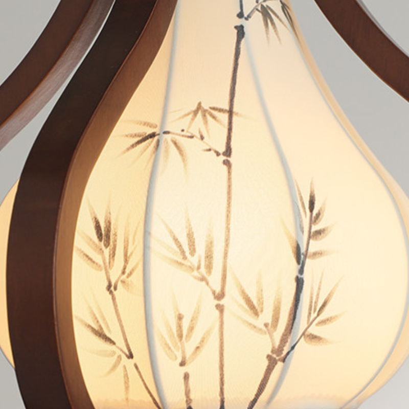 Traditional Chinese Oak Wood Hardware Fabric Pear-Shaped 1-Light Pendant Light For Living Room &amp; Dining Room