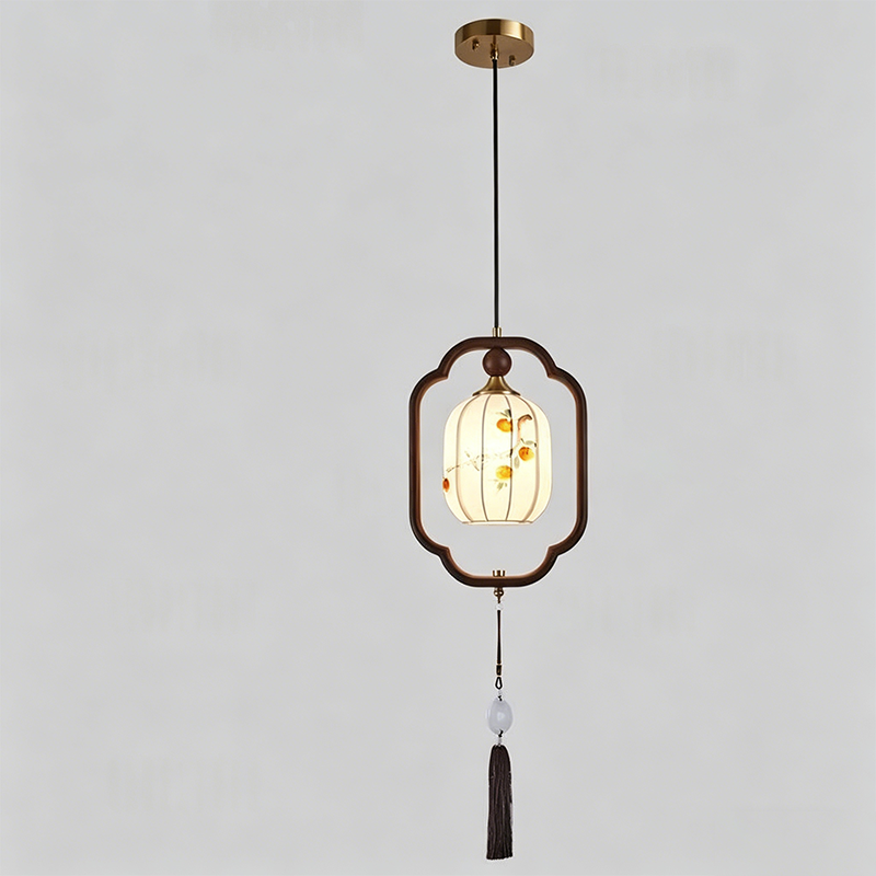 Traditional Chinese Oak Wood Fabric Lantern-Shaped 1-Light Pendant Light For Living Room