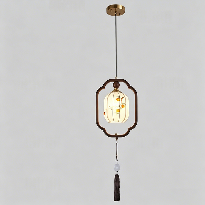 Traditional Chinese Oak Wood Fabric Lantern-Shaped 1-Light Pendant Light For Living Room