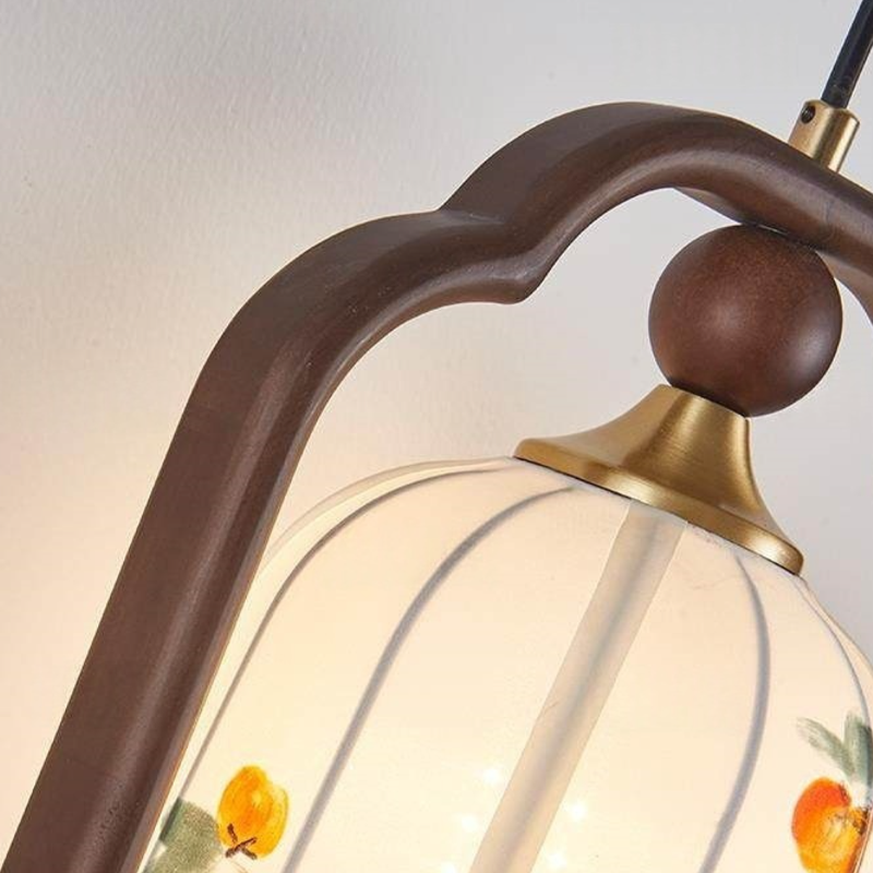Traditional Chinese Oak Wood Fabric Lantern-Shaped 1-Light Pendant Light For Living Room