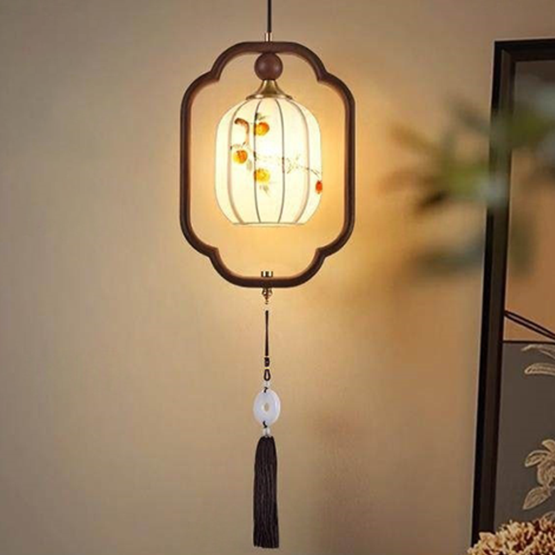 Traditional Chinese Oak Wood Fabric Lantern-Shaped 1-Light Pendant Light For Living Room