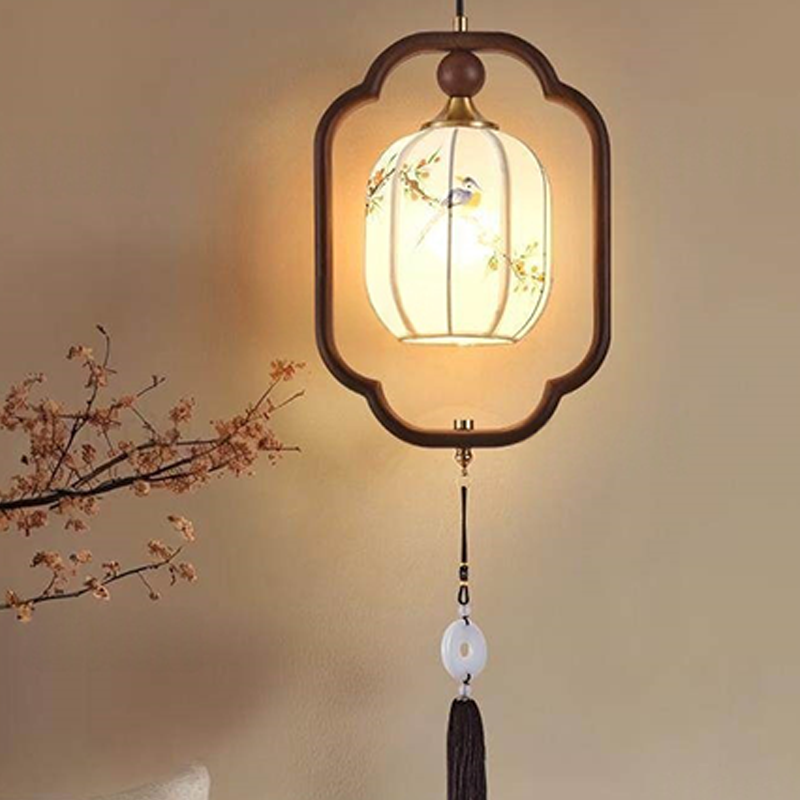 Traditional Chinese Oak Wood Fabric Lantern-Shaped 1-Light Pendant Light For Living Room