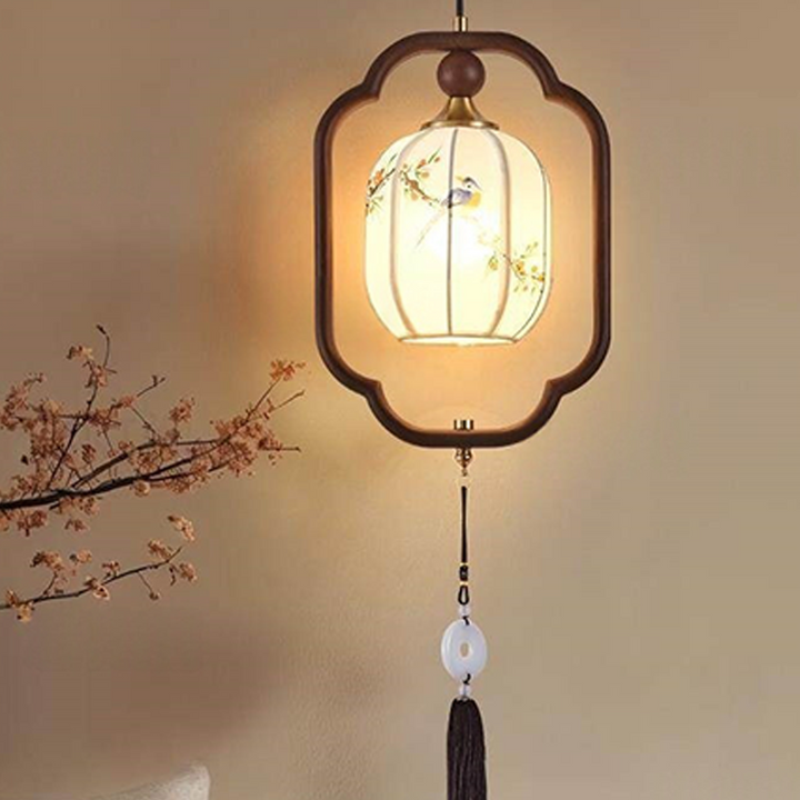 Traditional Chinese Oak Wood Fabric Lantern-Shaped 1-Light Pendant Light For Living Room
