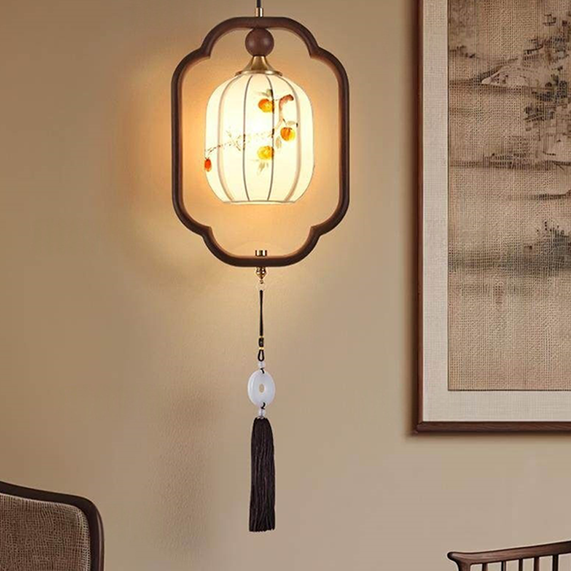 Traditional Chinese Oak Wood Fabric Lantern-Shaped 1-Light Pendant Light For Living Room