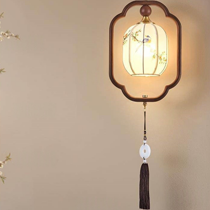 Traditional Chinese Oak Wood Fabric Lantern-Shaped 1-Light Pendant Light For Living Room
