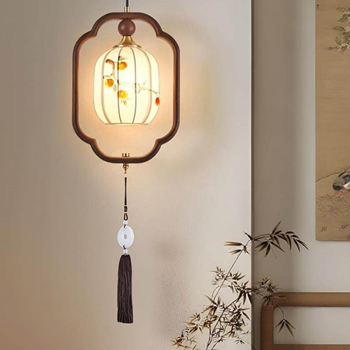 Traditional Chinese Oak Wood Fabric Lantern-Shaped 1-Light Pendant Light For Living Room