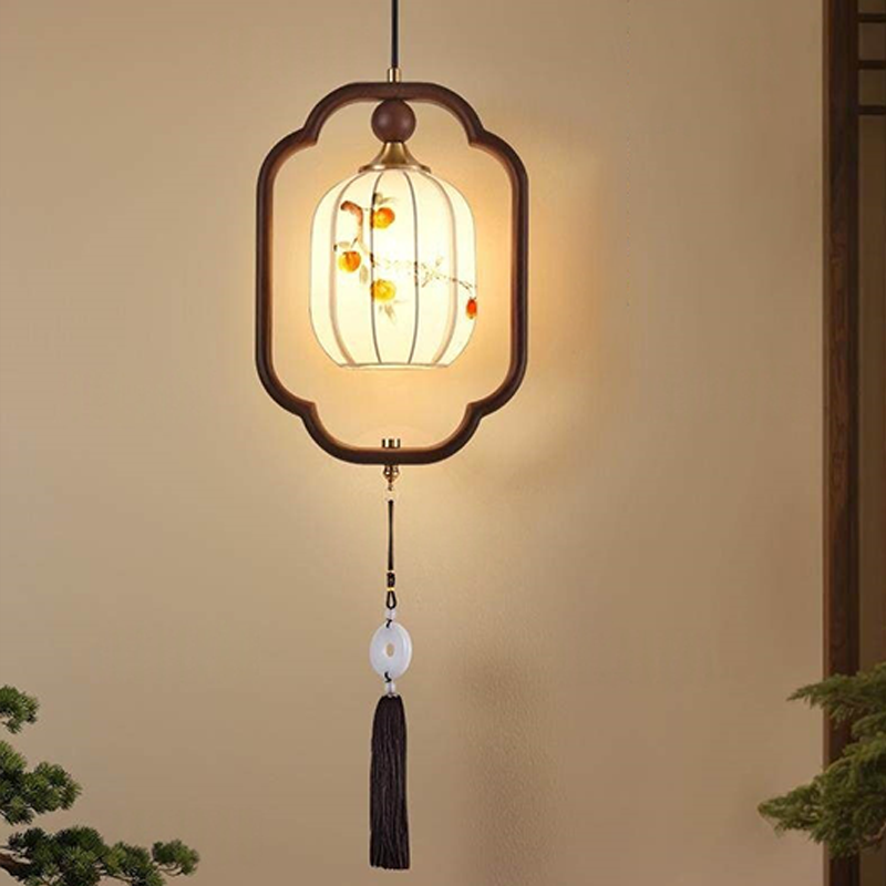 Traditional Chinese Oak Wood Fabric Lantern-Shaped 1-Light Pendant Light For Living Room