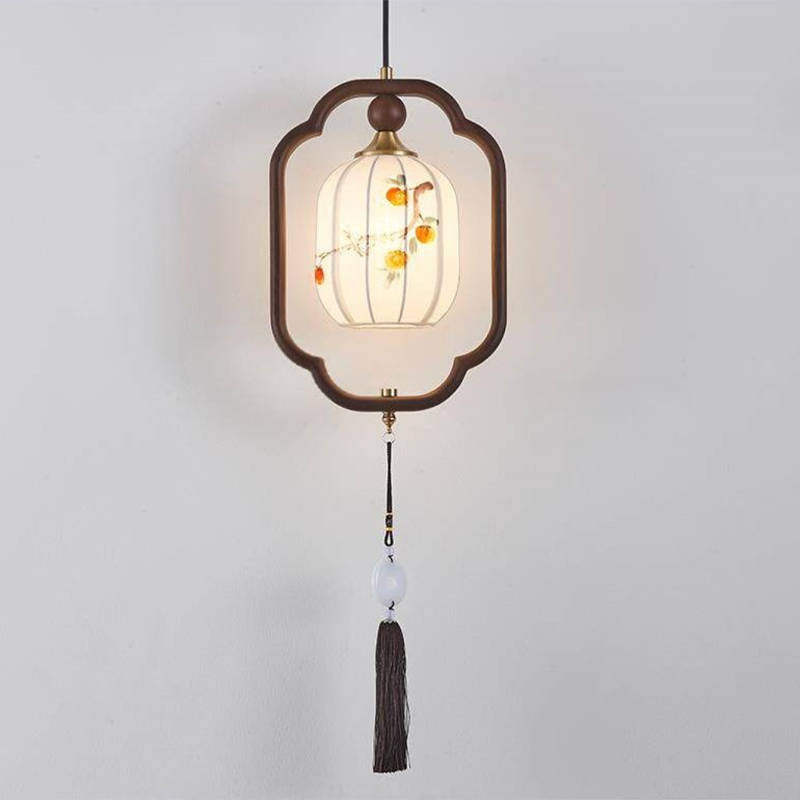 Traditional Chinese Oak Wood Fabric Lantern-Shaped 1-Light Pendant Light For Living Room