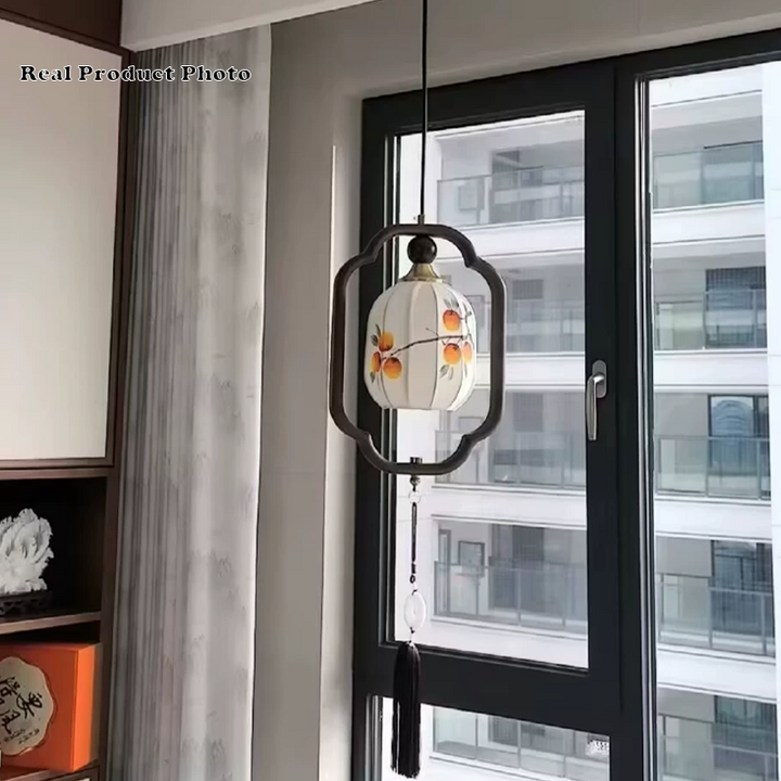 Traditional Chinese Oak Wood Fabric Lantern-Shaped 1-Light Pendant Light For Living Room