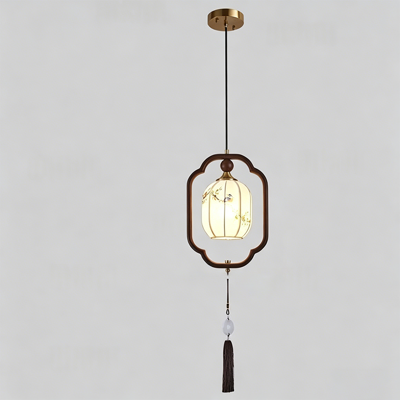 Traditional Chinese Oak Wood Fabric Lantern-Shaped 1-Light Pendant Light For Living Room