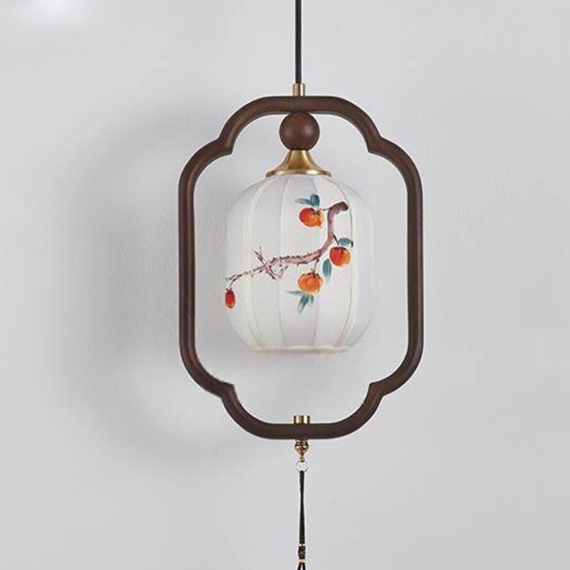 Traditional Chinese Oak Wood Fabric Lantern-Shaped 1-Light Pendant Light For Living Room