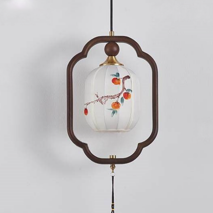 Traditional Chinese Oak Wood Fabric Lantern-Shaped 1-Light Pendant Light For Living Room