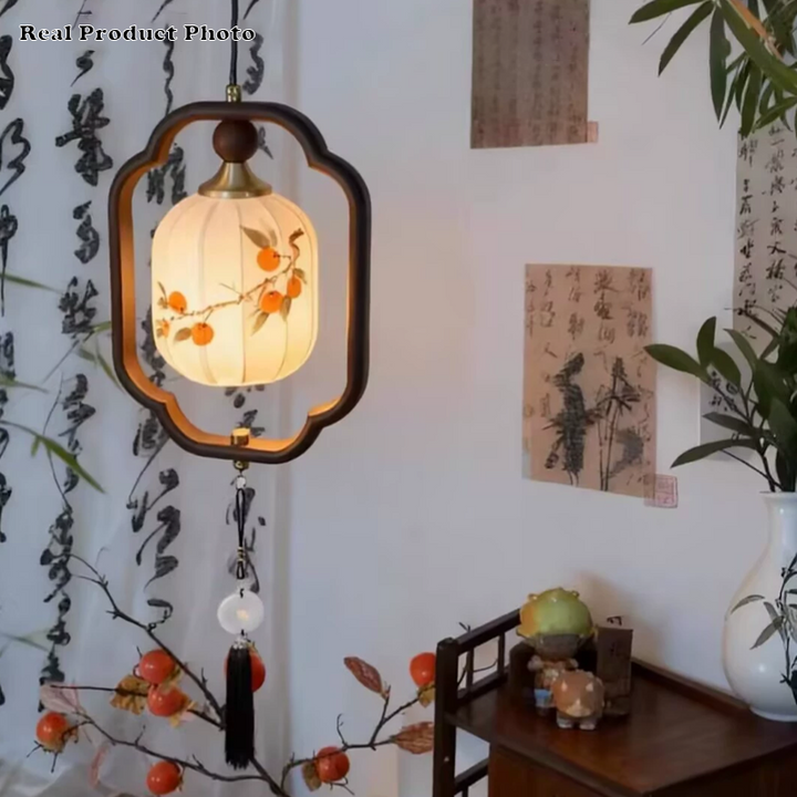 Traditional Chinese Oak Wood Fabric Lantern-Shaped 1-Light Pendant Light For Living Room