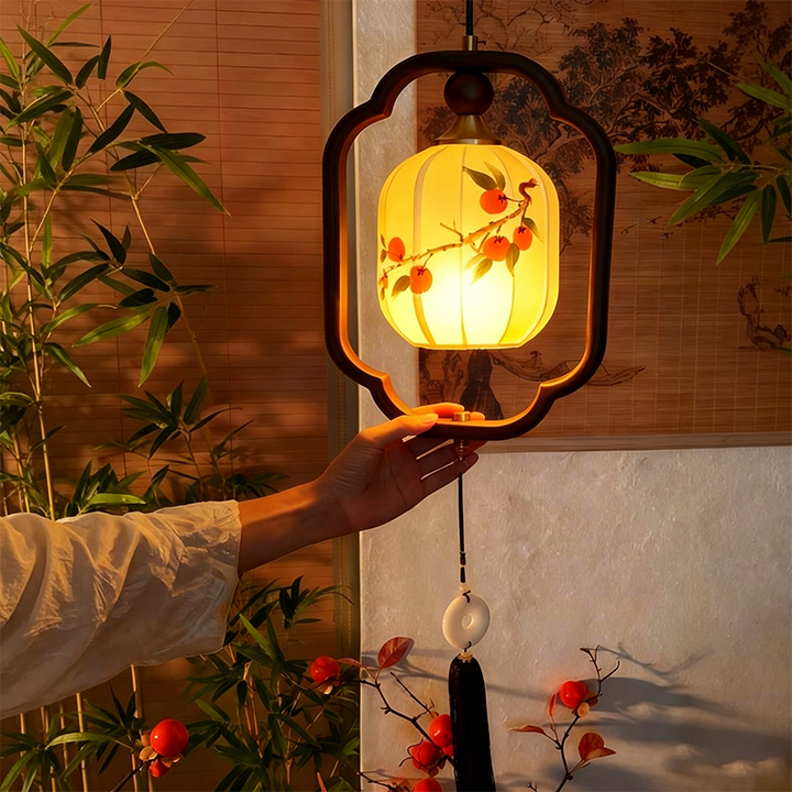 Traditional Chinese Oak Wood Fabric Lantern-Shaped 1-Light Pendant Light For Living Room
